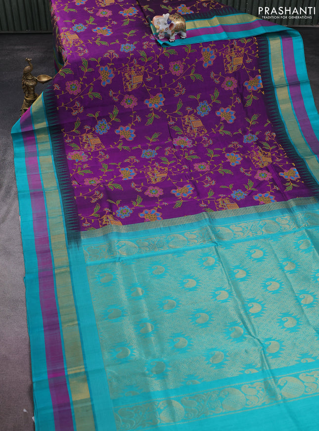 Silk cotton saree purple and teal blue with allover kalamkari prints and temple design zari woven simple border