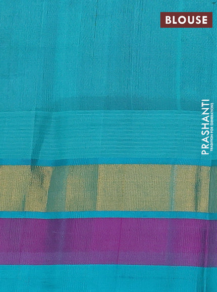 Silk cotton saree purple and teal blue with allover kalamkari prints and temple design zari woven simple border