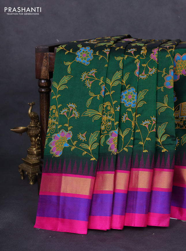 Silk cotton saree bottle green and pink with allover kalamkari prints and temple design zari woven simple border