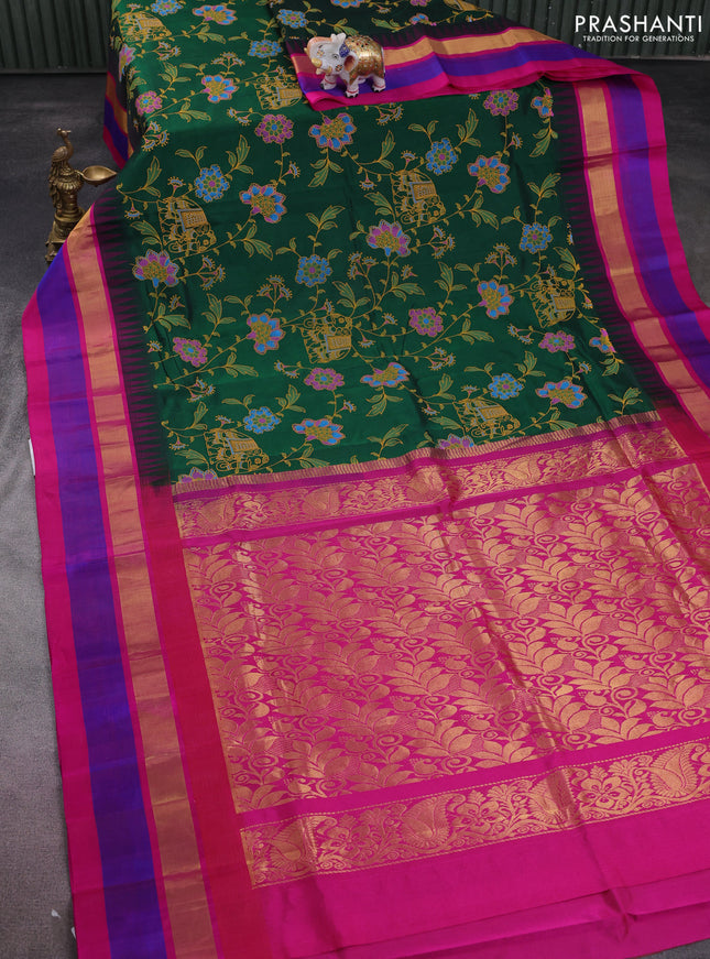 Silk cotton saree bottle green and pink with allover kalamkari prints and temple design zari woven simple border