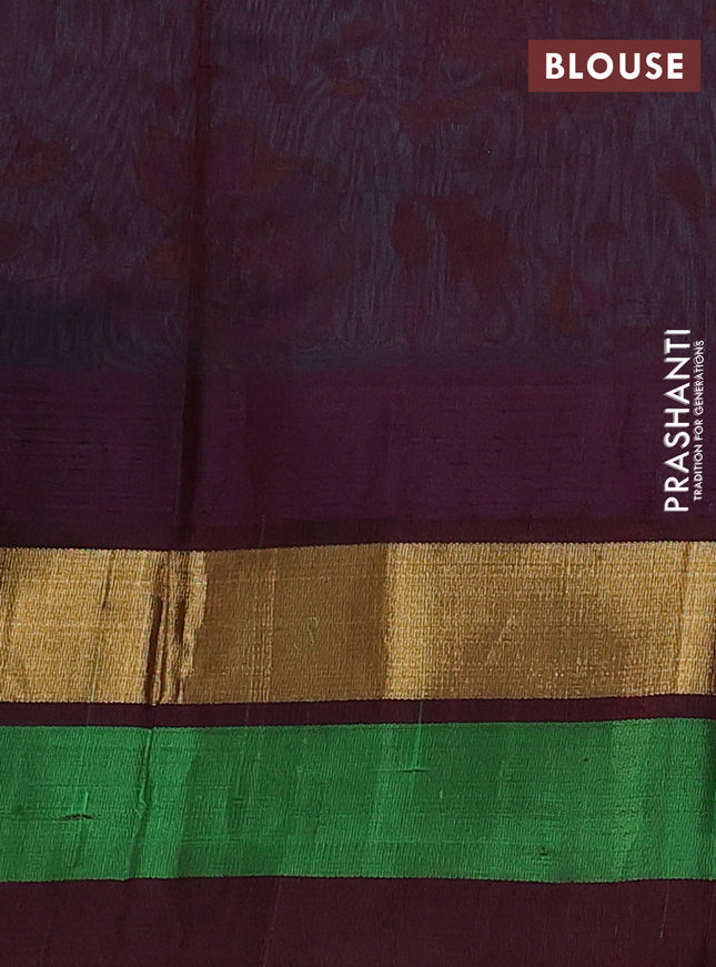 Silk cotton saree teal blue and deep maroon with allover kalamkari prints and temple design zari woven simple border