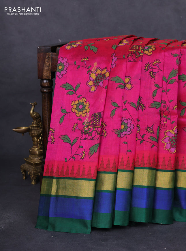 Silk cotton saree dark pink and dark green with allover kalamkari prints and temple design zari woven simple border