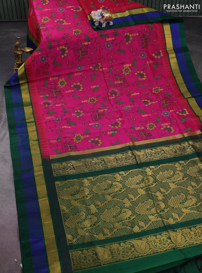 Silk cotton saree dark pink and dark green with allover kalamkari prints and temple design zari woven simple border