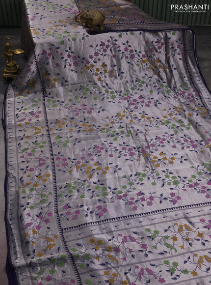 Banarasi semi raw silk saree navy blue with zari woven floral design paithani weaves and floral design paithani border