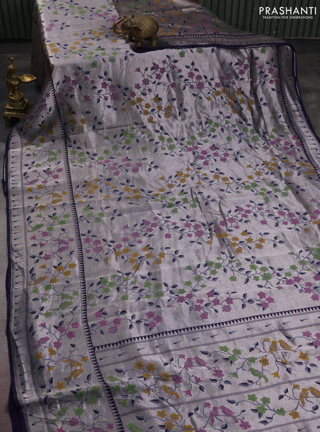 Banarasi semi raw silk saree navy blue with zari woven floral design paithani weaves and floral design paithani border