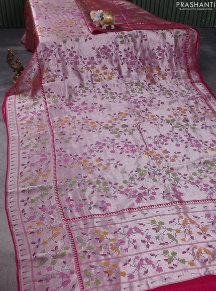 Banarasi semi raw silk saree pink with zari woven floral design paithani weaves and floral design paithani border