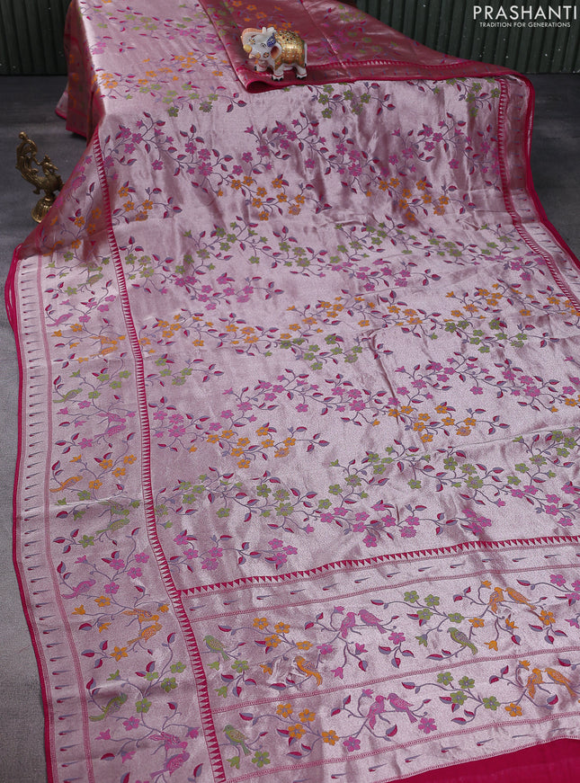 Banarasi semi raw silk saree pink with zari woven floral design paithani weaves and floral design paithani border