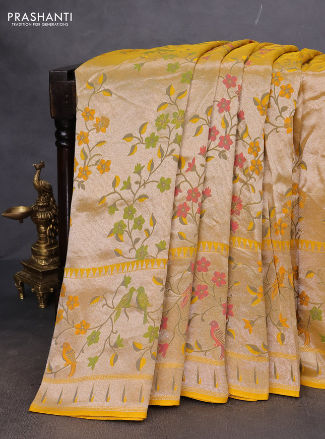 Banarasi semi raw silk saree yellow with zari woven floral design paithani weaves and floral design paithani border