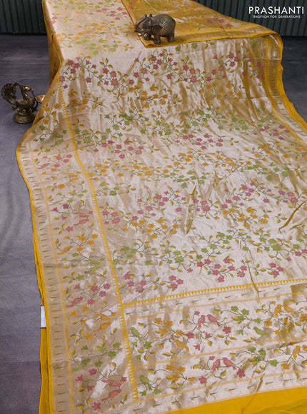 Banarasi semi raw silk saree yellow with zari woven floral design paithani weaves and floral design paithani border