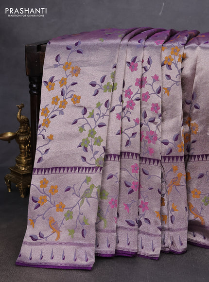 Banarasi semi raw silk saree violet with zari woven floral design paithani weaves and floral design paithani border