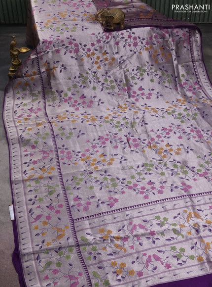 Banarasi semi raw silk saree violet with zari woven floral design paithani weaves and floral design paithani border