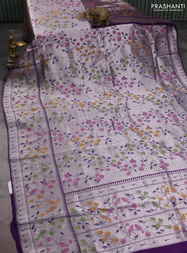 Banarasi semi raw silk saree violet with zari woven floral design paithani weaves and floral design paithani border