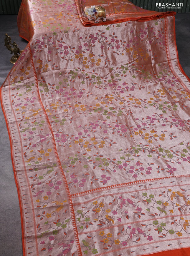 Banarasi semi raw silk saree orange with zari woven floral design paithani weaves and floral design paithani border
