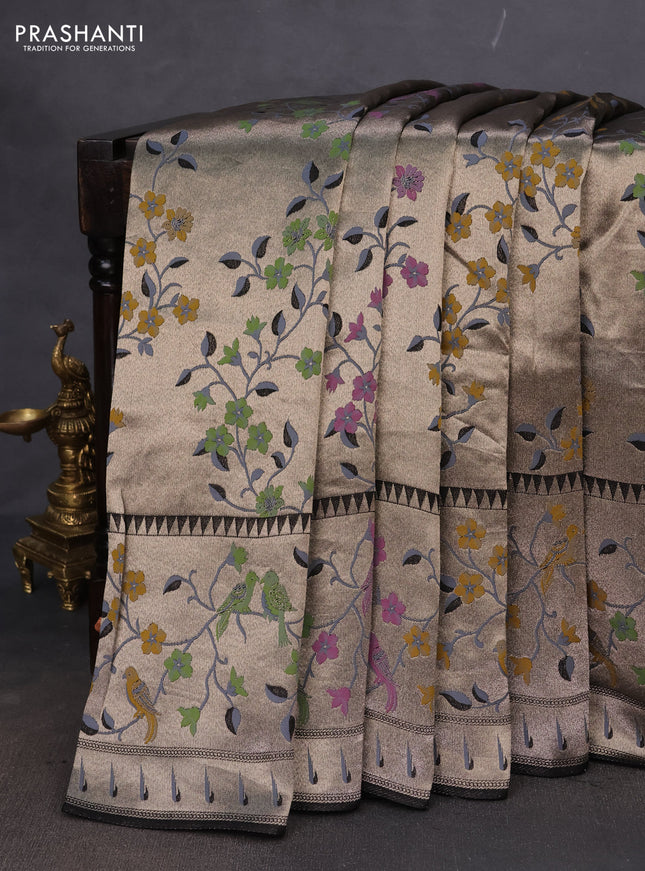 Banarasi semi raw silk saree black with zari woven floral design paithani weaves and floral design paithani border