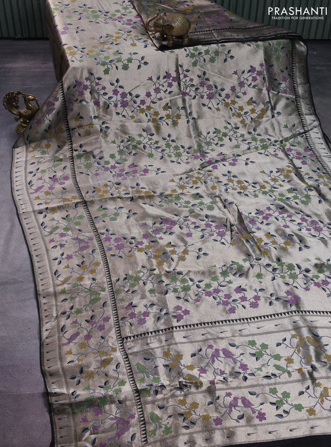 Banarasi semi raw silk saree black with zari woven floral design paithani weaves and floral design paithani border