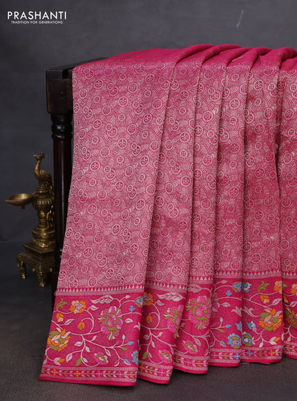 Banarasi semi raw silk saree pink with allover silver zari woven brocade weaves and floral design paithani border