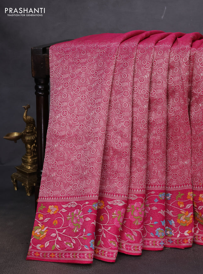 Banarasi semi raw silk saree pink with allover silver zari woven brocade weaves and floral design paithani border