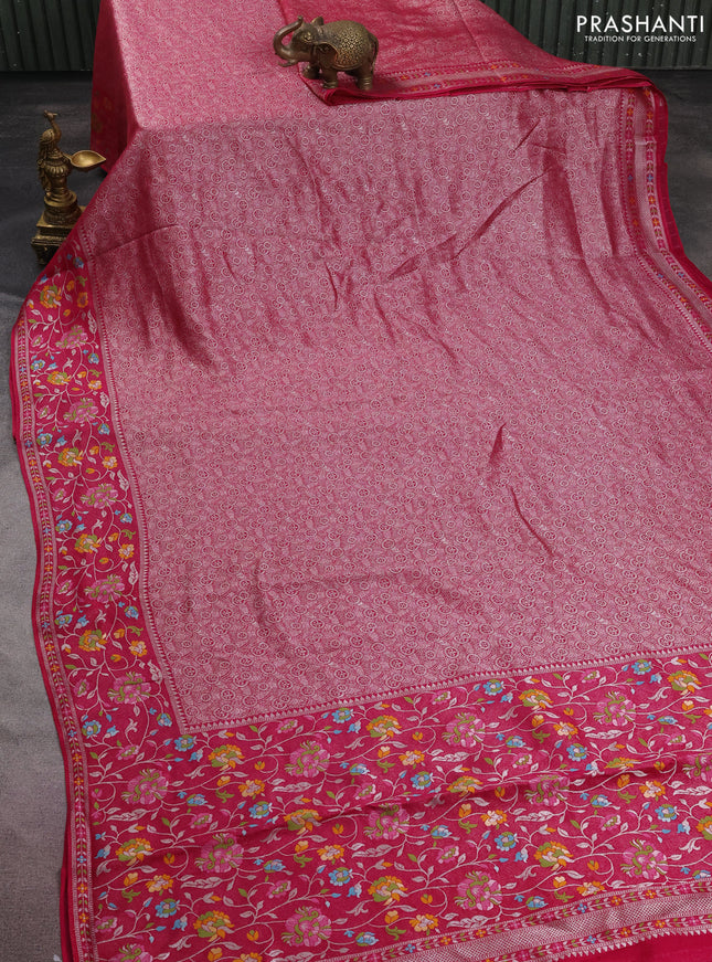 Banarasi semi raw silk saree pink with allover silver zari woven brocade weaves and floral design paithani border