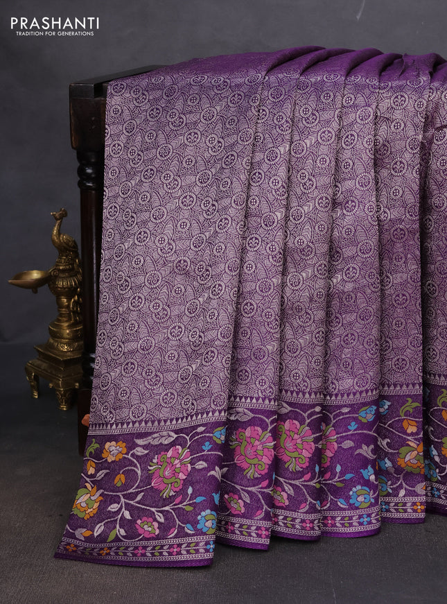 Banarasi semi raw silk saree violet with allover silver zari woven brocade weaves and floral design paithani border