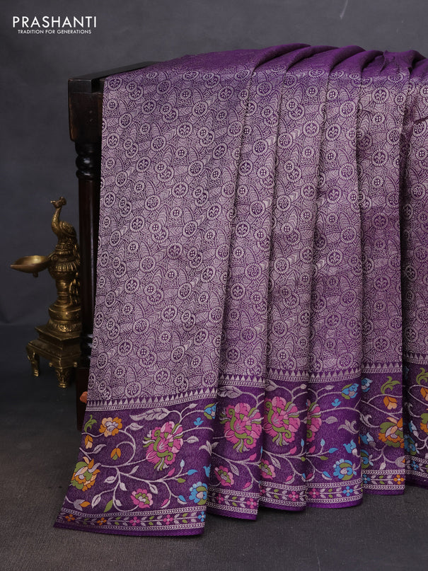 Banarasi semi raw silk saree violet with allover silver zari woven brocade weaves and floral design paithani border
