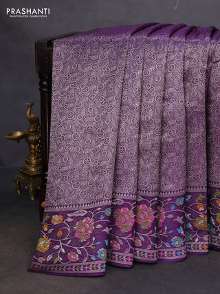 Banarasi semi raw silk saree violet with allover silver zari woven brocade weaves and floral design paithani border
