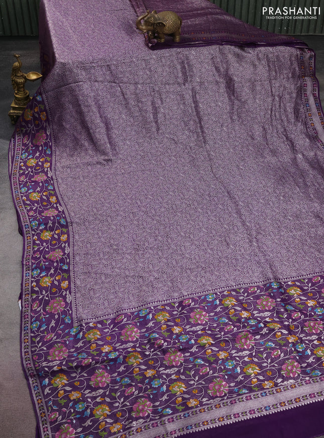 Banarasi semi raw silk saree violet with allover silver zari woven brocade weaves and floral design paithani border
