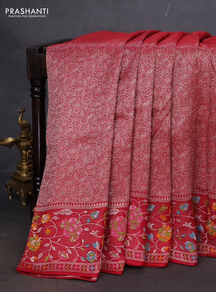 Banarasi semi raw silk saree red with allover silver zari woven brocade weaves and floral design paithani border