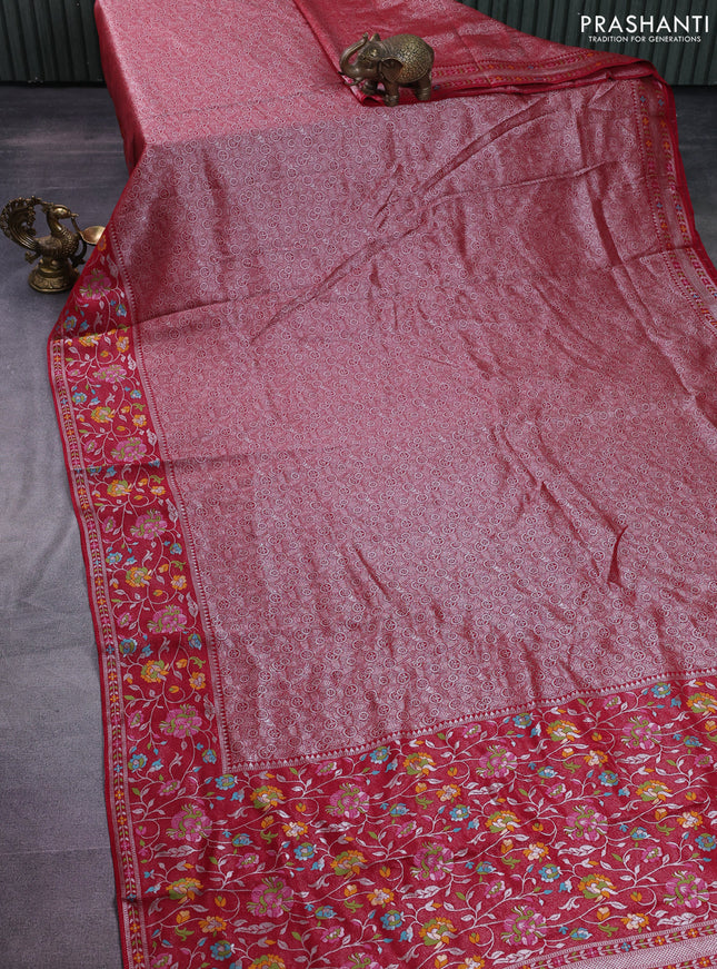 Banarasi semi raw silk saree red with allover silver zari woven brocade weaves and floral design paithani border