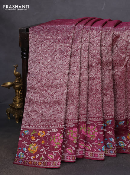 Banarasi semi raw silk saree wine shade with allover silver zari woven brocade weaves and floral design paithani border