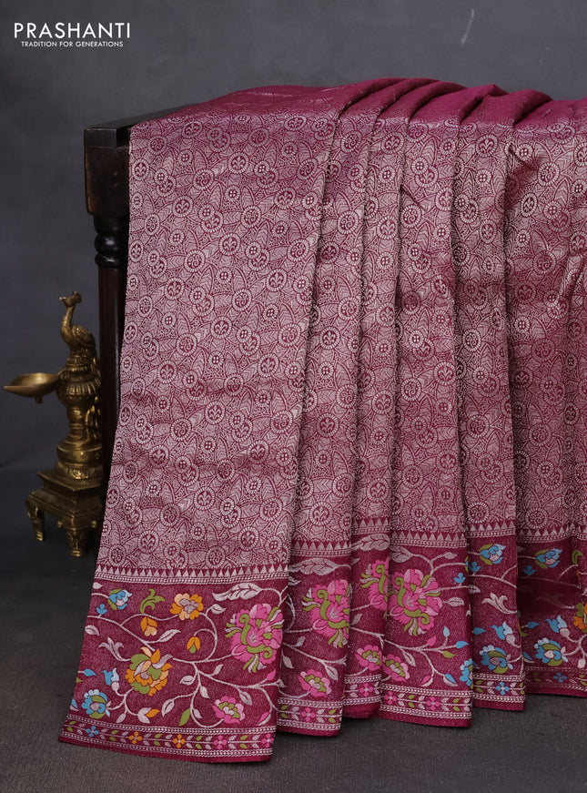 Banarasi semi raw silk saree wine shade with allover silver zari woven brocade weaves and floral design paithani border