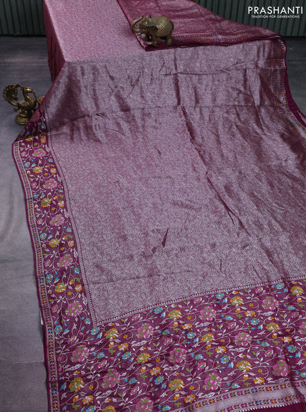Banarasi semi raw silk saree wine shade with allover silver zari woven brocade weaves and floral design paithani border