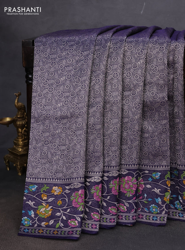 Banarasi semi raw silk saree navy blue with allover silver zari woven brocade weaves and floral design paithani border