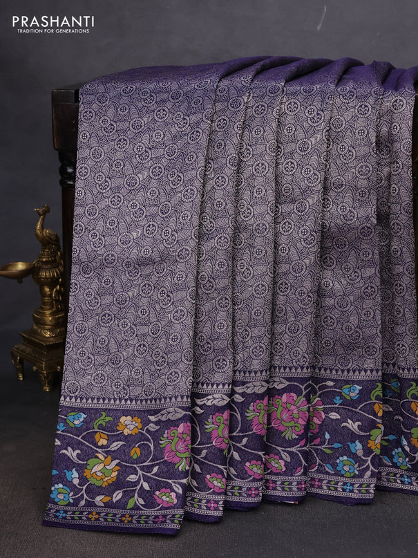 Banarasi semi raw silk saree navy blue with allover silver zari woven brocade weaves and floral design paithani border