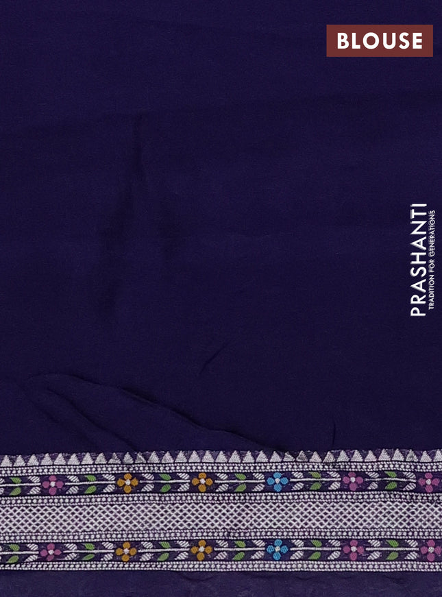 Banarasi semi raw silk saree navy blue with allover silver zari woven brocade weaves and floral design paithani border