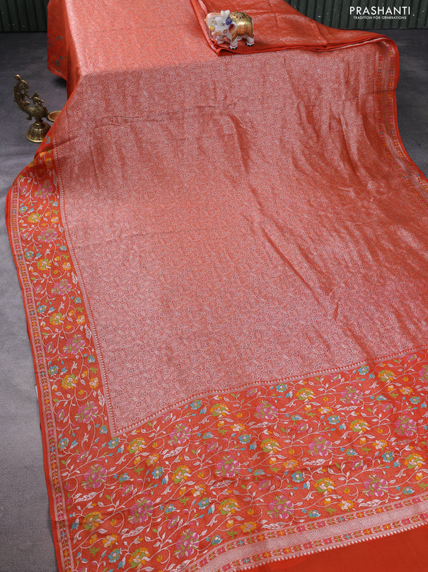 Banarasi semi raw silk saree orange with allover silver zari woven brocade weaves and floral design paithani border