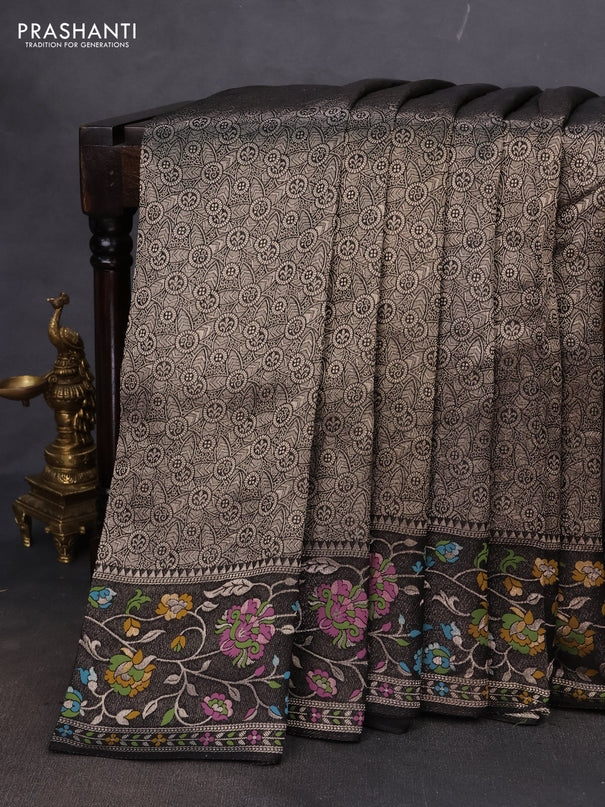 Banarasi semi raw silk saree black with allover silver zari woven brocade weaves and floral design paithani border