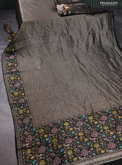 Banarasi semi raw silk saree black with allover silver zari woven brocade weaves and floral design paithani border