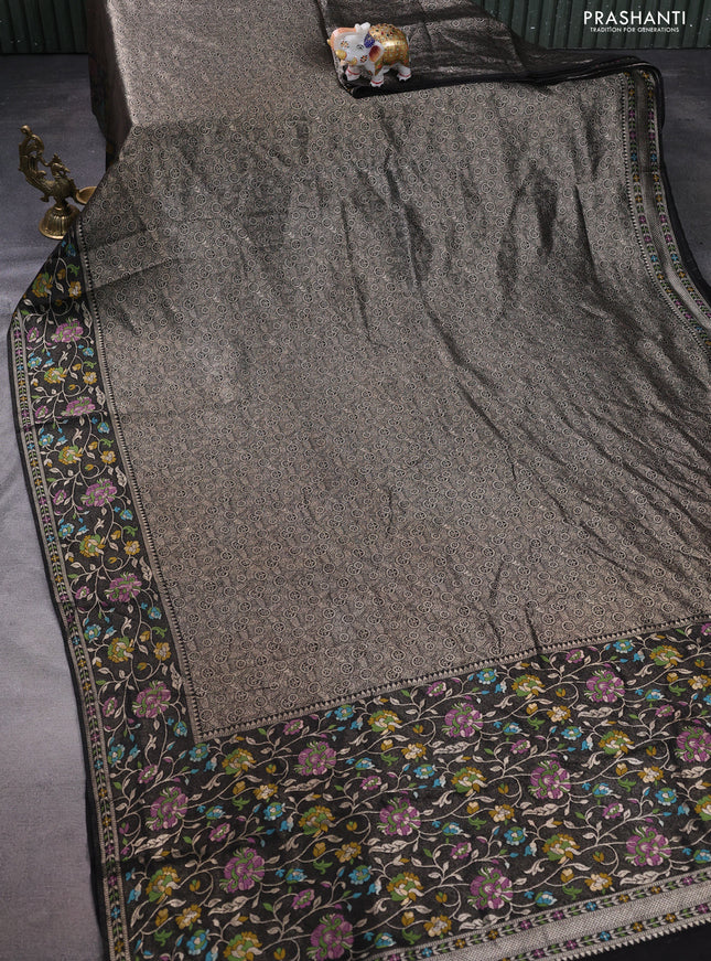 Banarasi semi raw silk saree black with allover silver zari woven brocade weaves and floral design paithani border