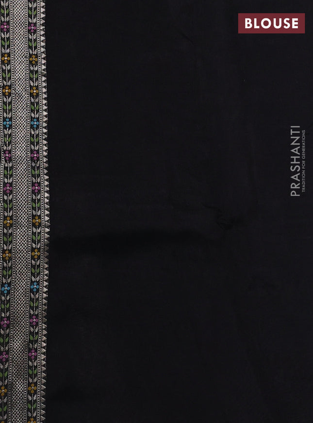 Banarasi semi raw silk saree black with allover silver zari woven brocade weaves and floral design paithani border