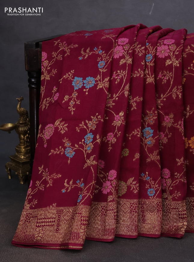 Banarasi semi raw silk saree wine shade with allover thread & zari weaves and woven border