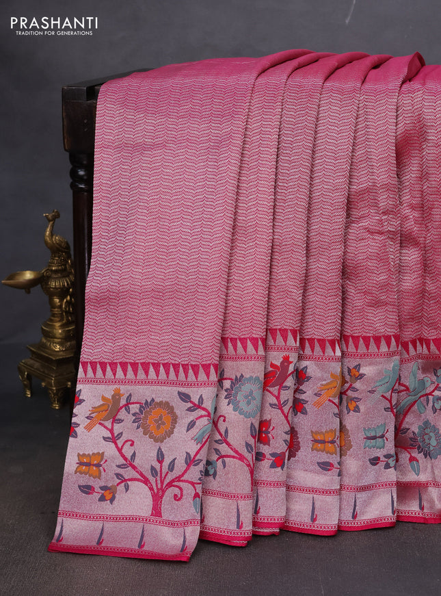 Banarasi semi raw silk saree pink with allover zari woven brocade weaves and floral design paithani border
