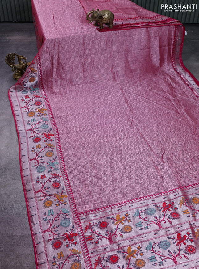 Banarasi semi raw silk saree pink with allover zari woven brocade weaves and floral design paithani border