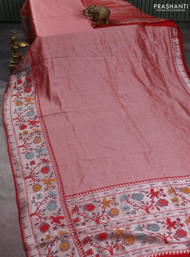 Banarasi semi raw silk saree red with allover zari woven brocade weaves and floral design paithani border