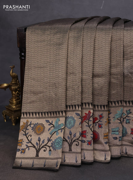 Banarasi semi raw silk saree black with allover zari woven brocade weaves and floral design paithani border