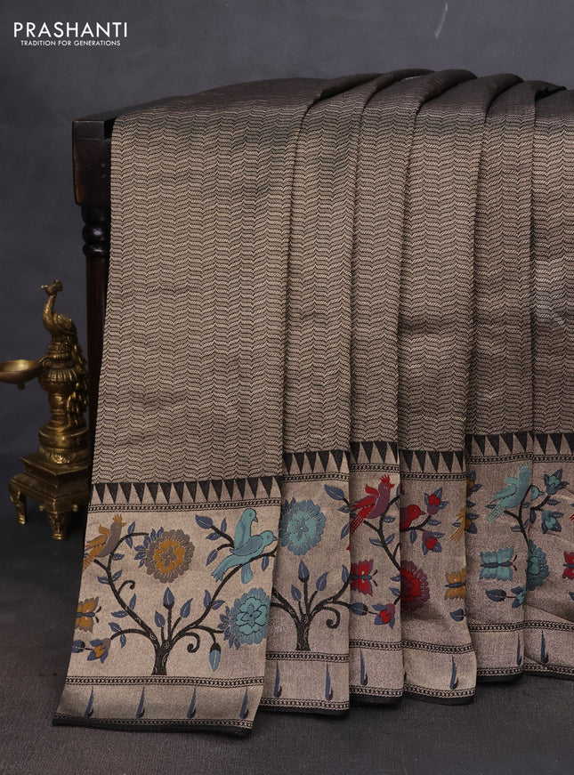 Banarasi semi raw silk saree black with allover zari woven brocade weaves and floral design paithani border