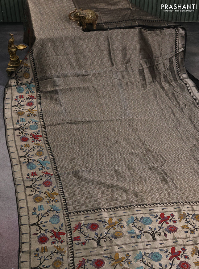 Banarasi semi raw silk saree black with allover zari woven brocade weaves and floral design paithani border
