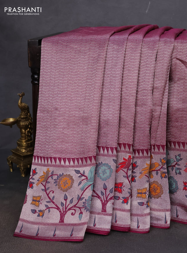 Banarasi semi raw silk saree purple with allover zari woven brocade weaves and floral design paithani border