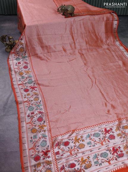 Banarasi semi raw silk saree orange with allover zari woven brocade weaves and floral design paithani border