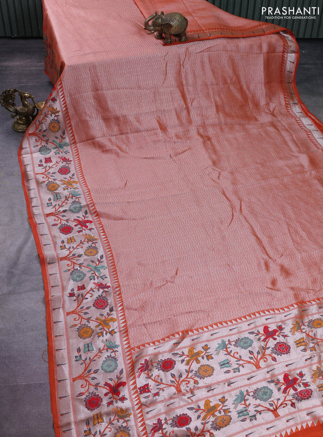 Banarasi semi raw silk saree orange with allover zari woven brocade weaves and floral design paithani border