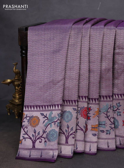 Banarasi semi raw silk saree violet with allover zari woven brocade weaves and floral design paithani border